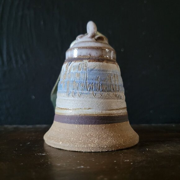 Vtg Studio Pottery Bell, Studio Pottery Christmas Ornament 3.125" Brown & Blue - Picture 2 of 6